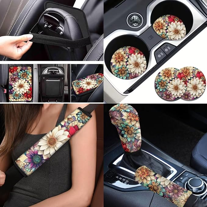 BIGCARJOB Bright Blossom Lotus Car Seat Covers Set for Front and Rear 12 Pcs Boho Lotus Print Car Interior Accessories Full Set with Console Cover,Steering Wheel Covers,Seat Belt Pads