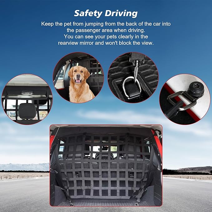 G Dog Barrier Rear Cargo Net Compatible with Jeep Wrangler Accessories JK JL Unlimited Sahara 4-Door 2007-2025, Safety Mesh Pet Divider for Medium, Large Pets, Easy to Install