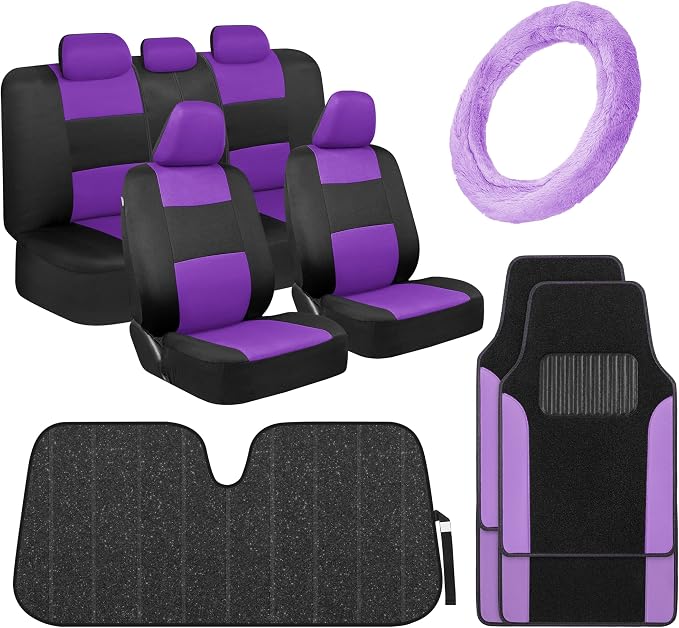 BDK PolyPro Purple Car Seat Covers for Women Gift Set Bundle - Seat Covers for Cars with Carpet Floor Mats, Fur Steering Wheel Cover and Bling Windshield Sunshade