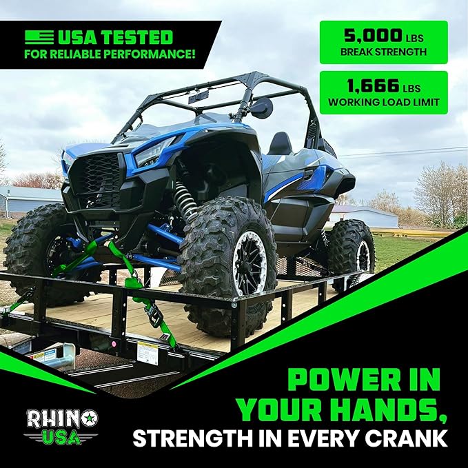 Rhino USA Ratchet Straps Heavy Duty Kit (4-Pack) - 1.6 Inch x 8 Feet Min Break Strength (5,000) - Ultimate Tie Down Straps with Safety S Hooks for Trucks, ATV, UTV, Motorcycle, Cargo & More - Green