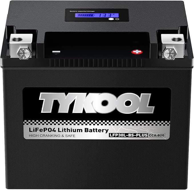 TYKOOL LFP30L-BS-PLUS Lithium Battery, Replaces GYZ32HL-BS YIX30L-BS, 800CCA 28Ah Fits for Motorcycle UTV ATV PWC, Compatible with Harley CVO Limited Polaris Ranger RZR 1000,Sea-Doo 1500, SOC Readout