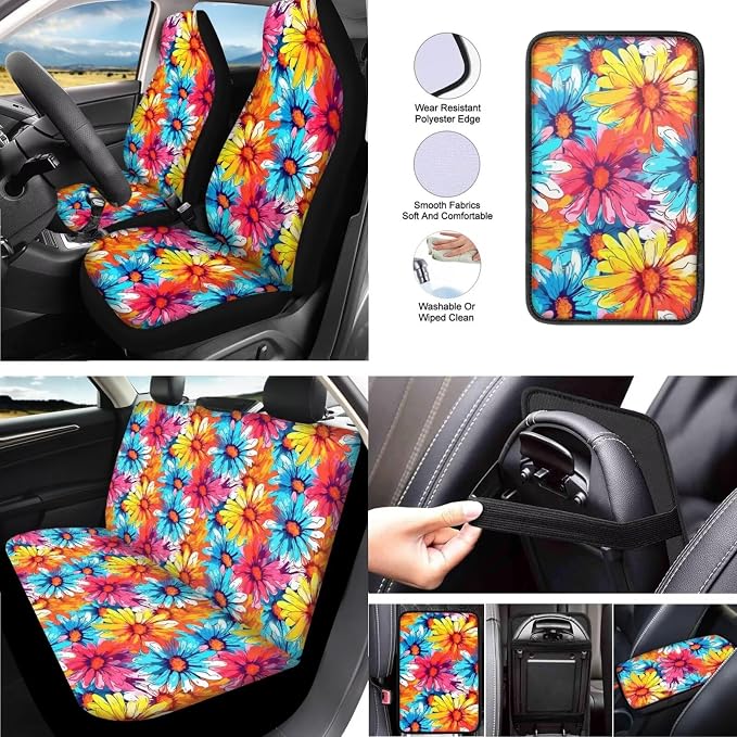 Boho Cosmos 13 Piece Car Seat Covers Hippy Rainbow Cosmos Flower Painting Steering Wheel Cover Pink Gradient Daisy Flower Cup Coasters Seat Belt Pads Cover