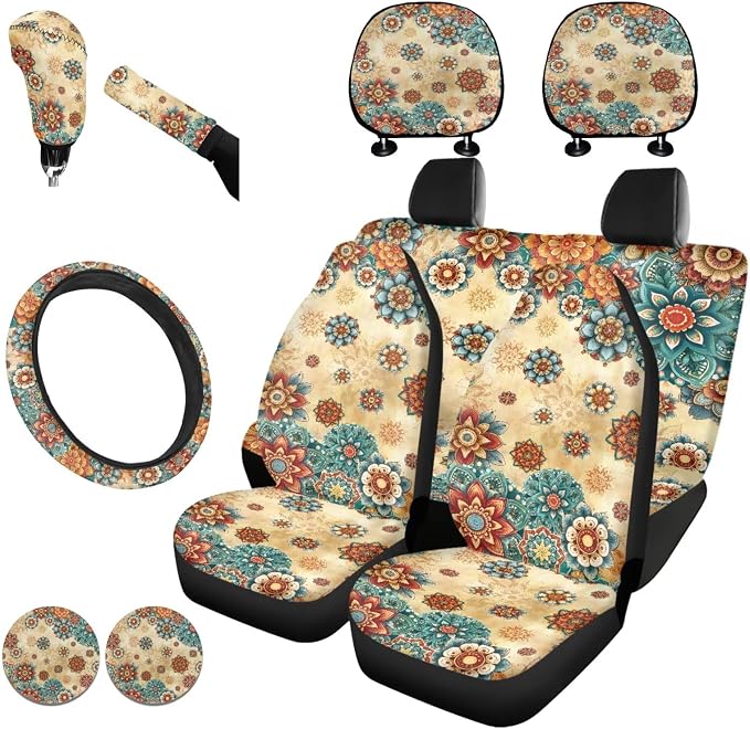 KEIAHUAN Boho Mandala Flower Car Seat Cover Set for Women 11 Pieces Includes Car Front Rear Seat Cover Steering Wheel Cover Handbrake Cover Headrest Covers Cup Coaster Auto Interior Accessories