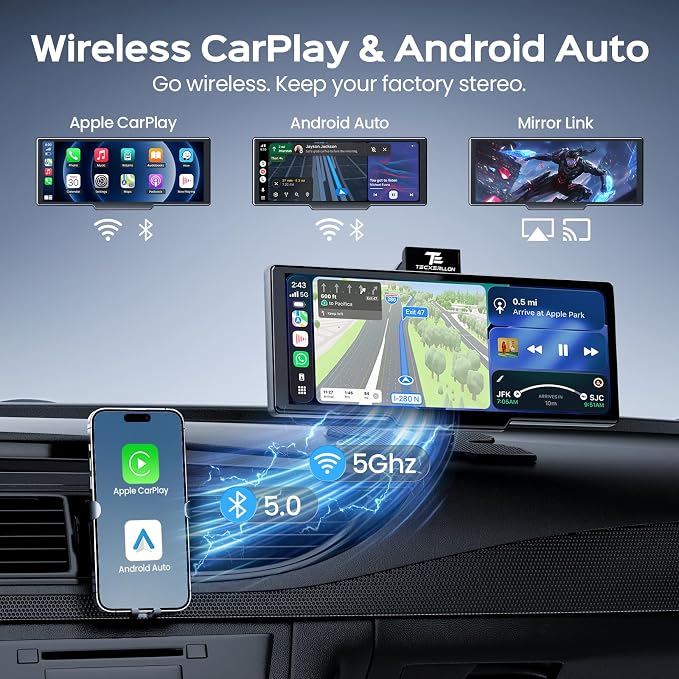 TECXERLLON 10.26" Portable Apple CarPlay Screen for Car, Wireless Car Play & Android Auto, 4K Dash Cam and 1080P Backup Camera, OTA, GPS Navigation, Voice Control, Mirror Link