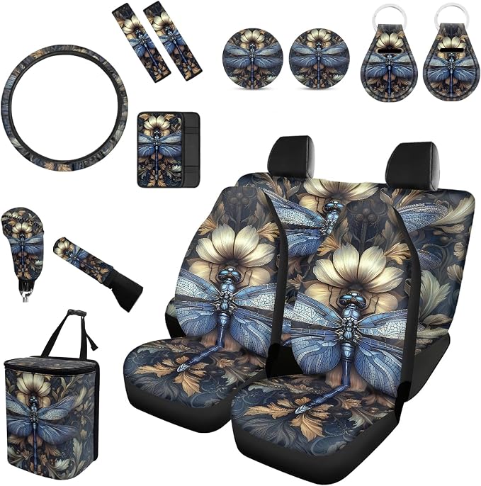 Forchrinse 14pcs Boho Dragonfly Car Seat Covers with Steering Wheel Cover+Armrest Cover+Seatbelt Covers+Handbrake Gear Shift Cover+Keychain+Coaster for Women