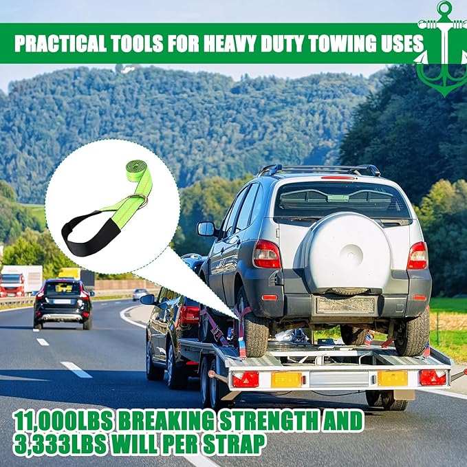4 Pack Lasso Tow Truck Straps with D Ring 11, 000 Lbs Break Strength D Ring Auto Tie Down Wheel Lift Trailer Strap for Hauling Utv SUV Wrecker Rollback (2" X 8ft)