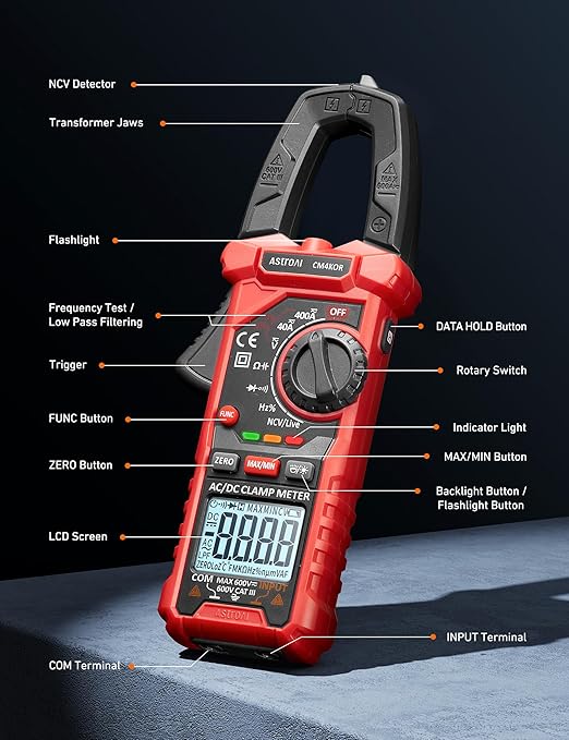 AstroAI Digital Clamp Meter Multimeter 4000 Counts Auto-ranging Amp Tester Measuring AC/DC Voltage & Current, Resistance, Capacitance, Frequency, Continuity, Live Wire Test, NCV Detection, Black