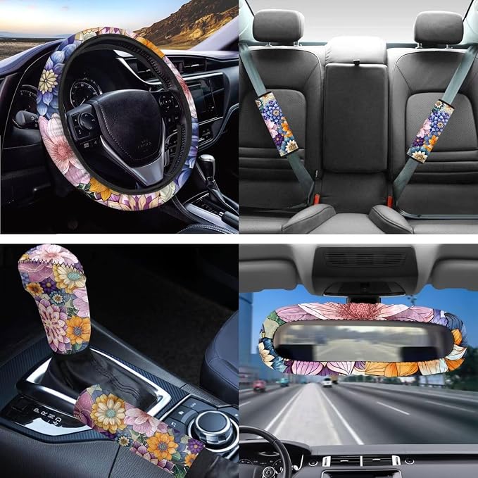 Hippie Car Seat Covers for Women Bright Blossom Flower Auto Seat Covers for front Back,Universal Fit Steering Wheel Cover Safety Seatbelt Keychain Coaster Mirror Cover,Automotive Interior Sets