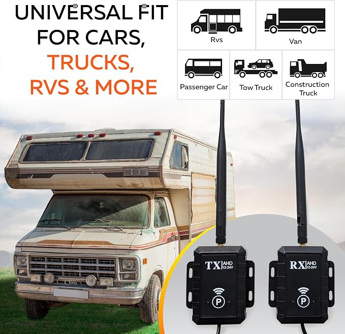 - Wireless Backup Camera Video Transmitter & Receiver Kit for Vehicle – CVBS NTSC 2.4G, Long Range 500m, Low Latency, 12–24V, RCA or 4-Pin