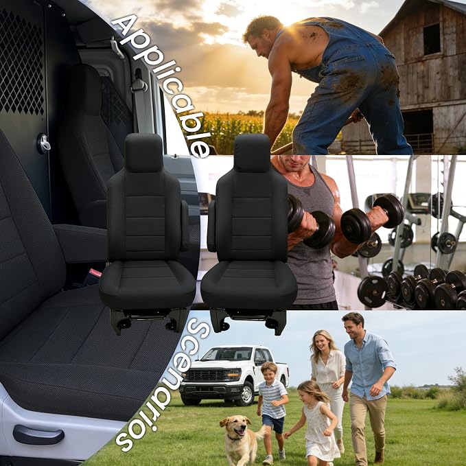 Heavy Duty Composite Fabric Protection Front Seat Covers for Ford E-150/E-250/E-350 Van 2009-2014 E-Series Cutaway/Stripped Chassis 2015-2026 High Back Bucket Seats Molded Headrest - Black