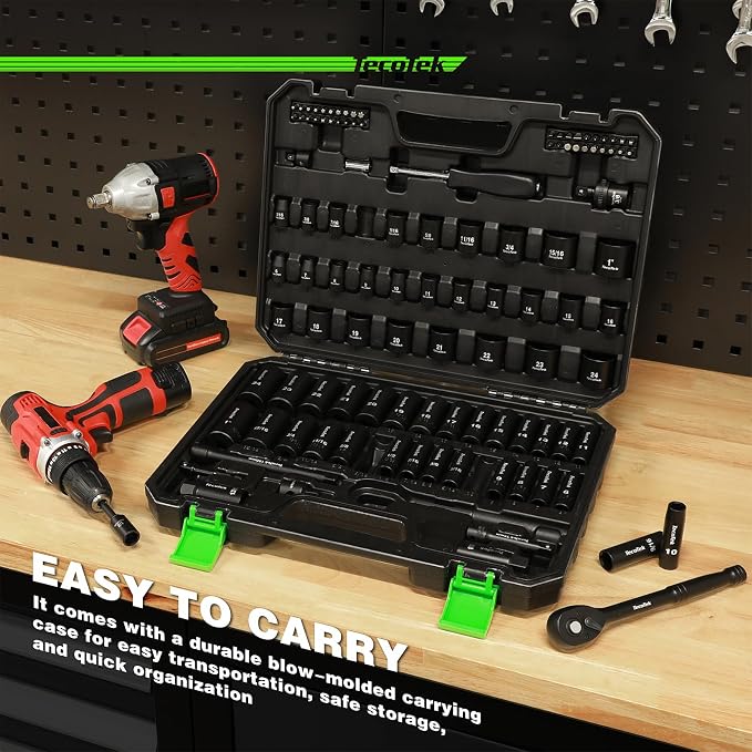 TecoTek 3/8" Drive Impact Socket Set, 109-Piece SAE (5/16"-1") and Metric (6mm-24mm), Deep & Shallow, 6 Point, Adapters, Ratchet Handle, Screwdriver Bit Set, Spark Plug Socket