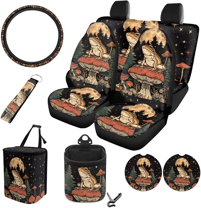 Frog Moon Mushroom Forest Pattern Auto Seat Covers Full Set, Car Interior Decor Set of 10 Steering Wheel Cover Cup Coasters Car Trash Can Air Vent Pounch Bag Keychain Universal Fit Most Cars