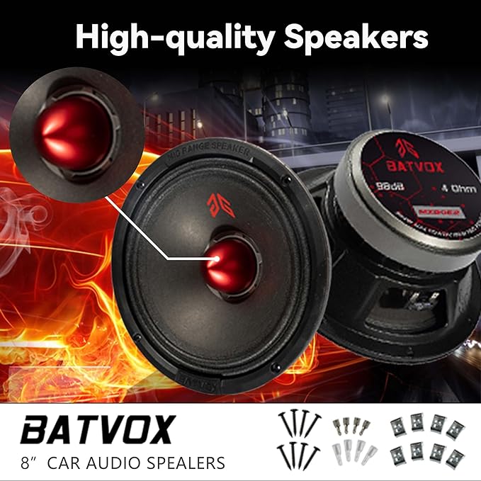 MX80E2 Loudspeaker 8 Inch Midrange 640 Watts 4 Ohms Red Bullet, Premium Quality Audio Door Speakers for Car or Truck Stereo Sound System, Black (2 Speakers)