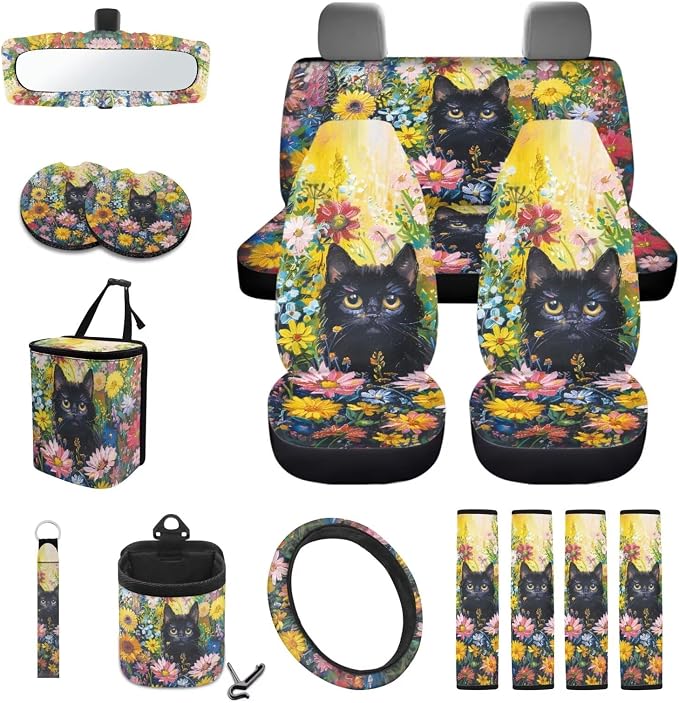 Cat Daisy Sunflower Pattern 15 PCS Car Interior Accessories, Oil Painting Car Seat Covers + Steering Wheel Cover + Seat Belt Pad + Trash Can + Keychain + Air Vent Storage Bag + Coasters