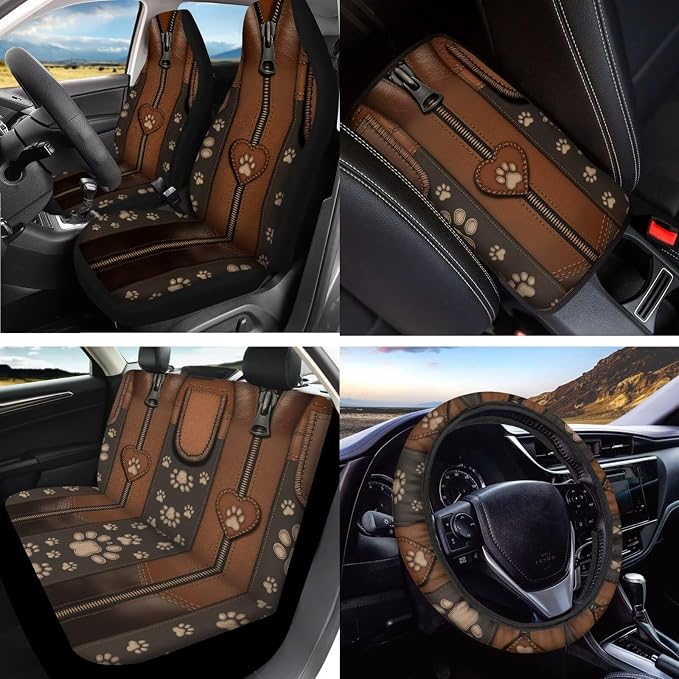 Paw Print Auto Seat Cover Full Set with Steering Wheel Covers, 15 Pcs Car Front Rear Seat Covers Comfy Armrest Pad Coaster Universal Fit for Cars SUVs Trucks, Brown
