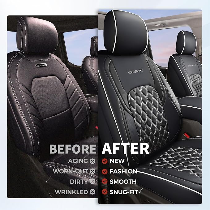 Huidasource Wrangler JL Seat Covers 4 Door, Waterproof Leather Seat Covers Full Set, Seat Cushion Covers Fit for Jeep Wrangler JL 4-Door 2018-2026 Without Rear Cupholder (Full Set/Black&White)