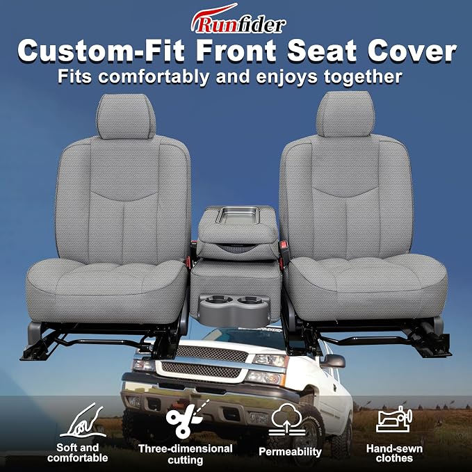 Seat Covers for Chevy Silverado & GMC Sierra 1500 1999 2000 2001 2002 2003 2004 2005 2006 Heavy Duty Cloth Protector Interior Accessories，Waterproof & Machine Washable-Gray (Front)