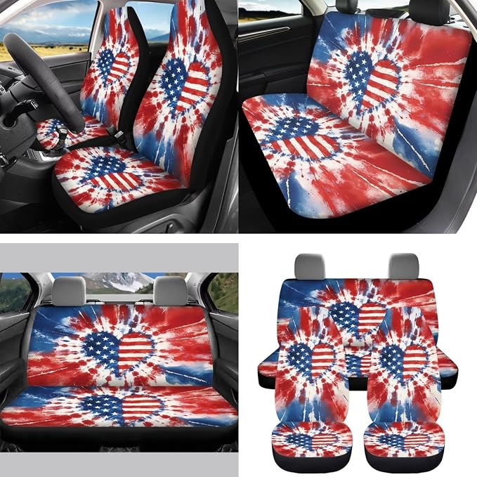 Tie Dye Heart Flag Auto Interior Accessories Car Seat Covers with Auto Steering Wheel Cover Seat Belt Covers Car Trash Can View Mirror Cover Coaster Keychains