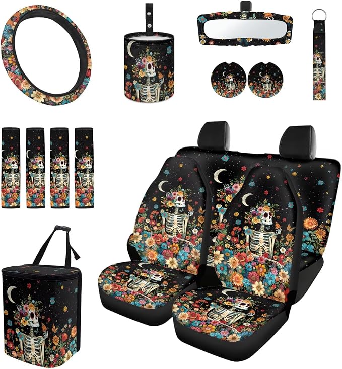 Moon Skeleton 15Pcs Car Seat Cover Full Set Car Steering Wheel Cover Seat Belt Cover Trash Bin Front Rear View Mirror Car Cup Holder Keychain