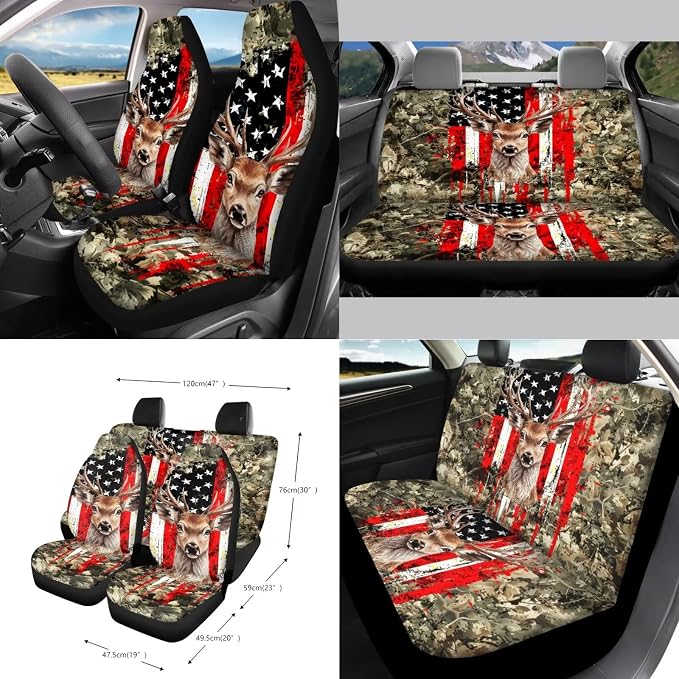 Deer Leaf Camo American Flag Print Auto Interior Sets Full Car Front Rear Seat Covers Steering Wheel Cover Seat Belt Cover Coasters Trash Can Keychain Air Vent Storage Bag 15pcs Set