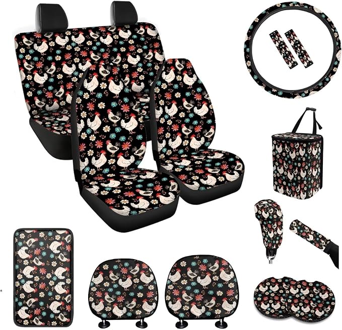 BIGCARJOB Chicken Flower Auto Front Rear Seat Covers Full Set for Women Car Interior Sets 15 Pcs Chicken Print Car Seat Cover Set Satefy Seat Belt Pads Car Seat Head Rest Cover Cup Mats