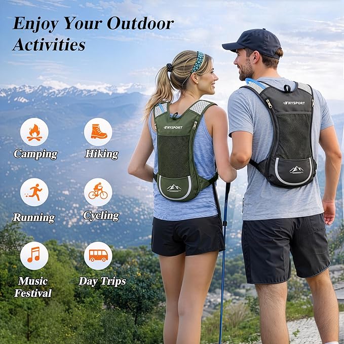 2 Pack Hydration Backpack Pack with 2L Hydration Bladder, TNYSPORT Lightweight Breathable Water Backpack with 3 Layer Pockets, Reinforced Shoulder Straps for Hiking Running Cycling