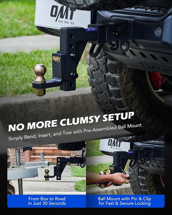 Orion Motor Tech Trailer Hitch Ball Mount, Adjustable Tow Hitch for 2" Receiver with 2" Ball 9-1/2" Drop 8-1/4" Rise 8000 lb. Capacity, Heavy-Duty Drop Hitch with 3 Locking Hitch Pins for Truck Boat