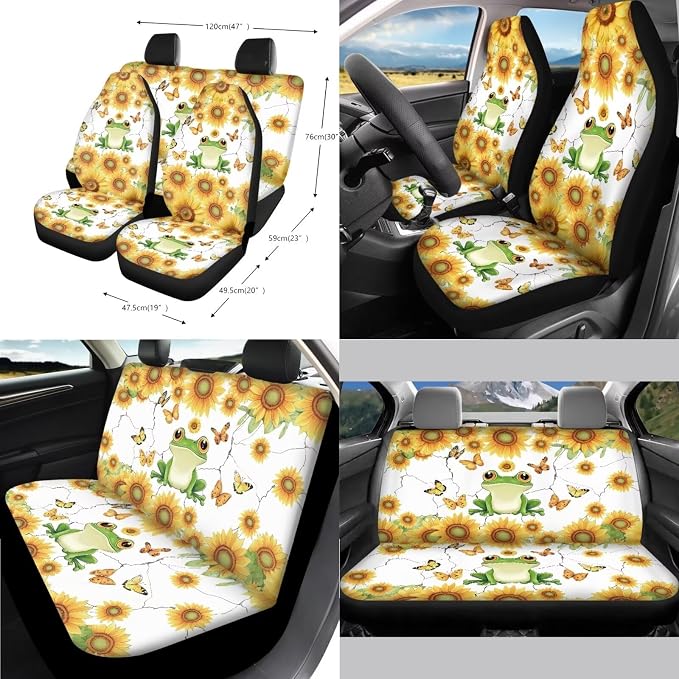 Poceacles Frog Butterfly Sunflower Car Accessories Full Set, Car Seat Covers Set Auto Front Rear Seat Protector Keychain Cup Holder Steering Wheel Cover Seat Belt Pad Tissue Box Lipstick Cover, 13PCS