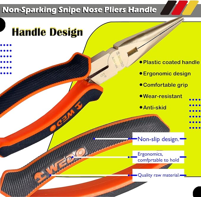 WEDO Non-Sparking Needle Nose Pliers 8", Precision Long Nose Pliers, Snipe Nose Pliers with Wire Cutters, DIN Standard, BAM & FM Certificate, Aluminum Bronze