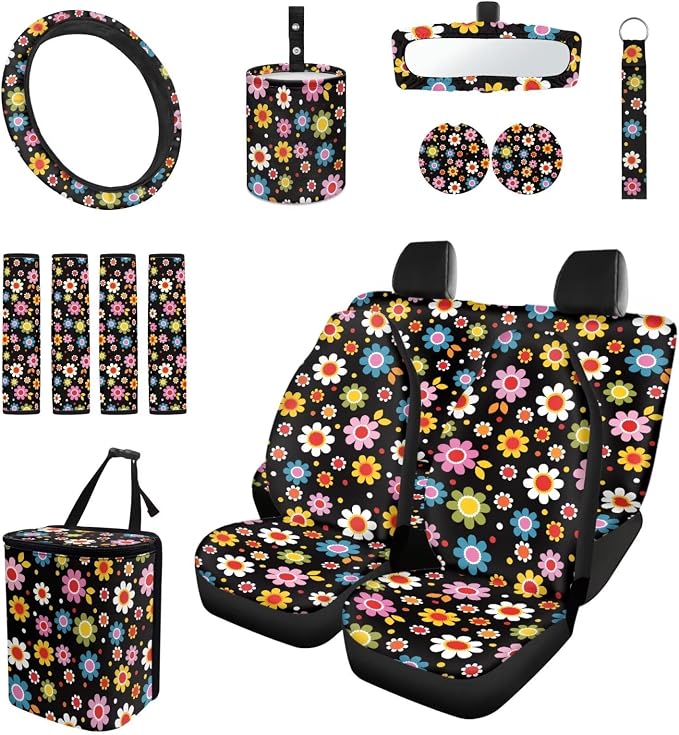 Colorful Floral Car Seat Covers Full Set for Women Cute Car Accessories Interior Car Steering Wheel Cover Seatbelt Covers Trash Bin Rear View Mirror Cover Cup Holders Keychain