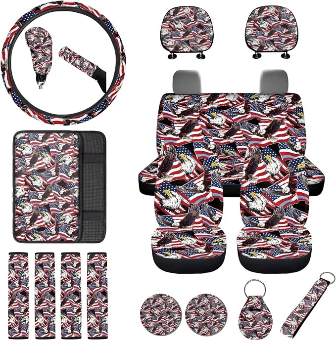 250 Years Full Set Car Seat Covers American Flag Eagle Print Car Front and Rear Seat Covers with Interior Decor Accessories for Truck Sedan SUV, Easy to Install