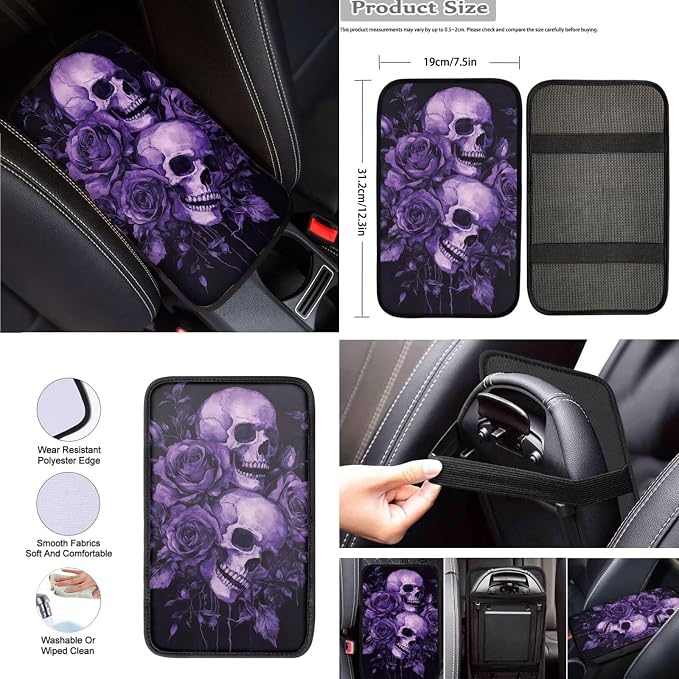 Purple Rose Skull Car Seat Covers Set for Women Universal Full Set with Steering Wheel Cover Armrest Pad Seatbelt Covers for Auto SUV Interior Decoration