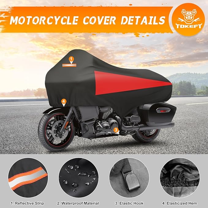 Motorcycle Half Cover with Elastic Hook and Reflective Strip Waterproof Dustproof Sunproof All-Day Protection Suitable for Touring Models Road King Street Glide Road Glide and More (Black&Red)