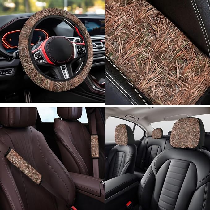 Bulopur 14 Pieces Duck Hunting Camo Auto Seat Covers Full Set with Vehicle Armrest Cushion Non-Slip Car Seat Belt Shoulder Strap Covers Headrest Covers Coasters Automotive Interior Decor Set
