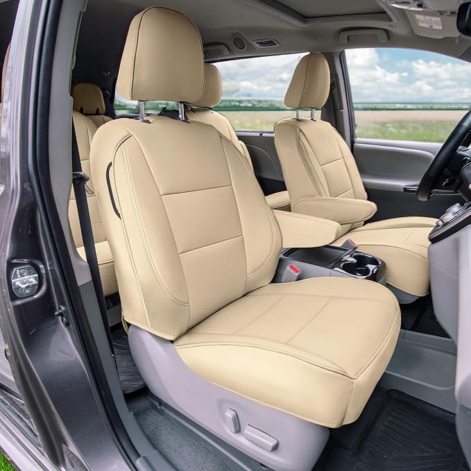 FH Group Custom Fit Car Seat Covers Specifically Made for 2011-2020 Toyota Sienna 7 Passenger, Car Seat Cover Front Set, Automotive Seat Covers in Solid Beige Faux Leather, Waterproof and Washable