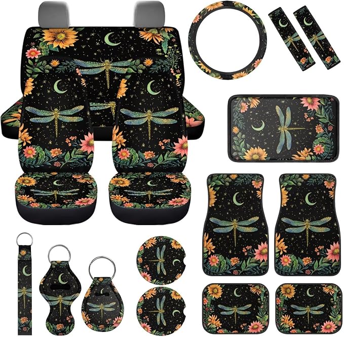 Dragonfly Car Accessories Set 17 Pack Starry Sky Dragonfly Car Seat Covers Full Set with Car Floor Mats All Weather,Cup Coaster,Seat Belt Shoulder Pad,Lip Stick Holder Keychain,Universal Fit