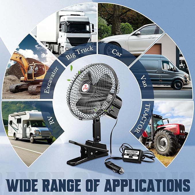 Tujoe 7" Portable Car Fan with Cigarette Lighter Electric Cooling - 12 Volt Oscillating Automobile Fan, 360 Degree Swivel with Clip for Truck Camping Supplies, Black (2 Pcs)