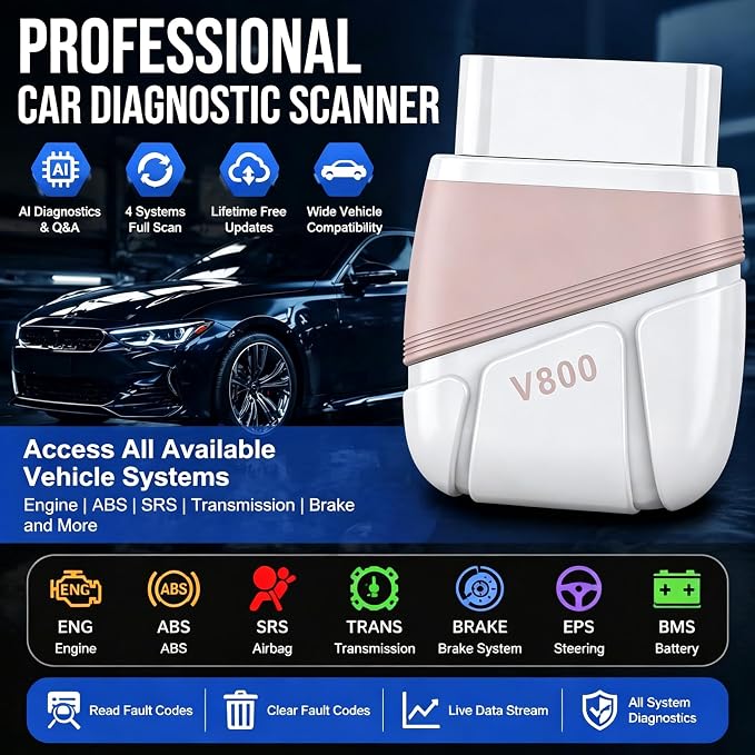V800 OBD2 Professional Car Diagnostic Scanner, AI Intelligent Fault Analysis, Whole System Diagnostics, Read/Erase Error Codes, Compatible with All 16-Pin Models After 1996