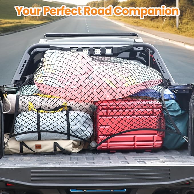 Highly Elastic Cargo Net for Pickup Truck Bed & All Metal Front Center Seat Headrest Organizer Compatible with 2011-2025 2026 Ford F150 F250 F350 F450 F550 F650