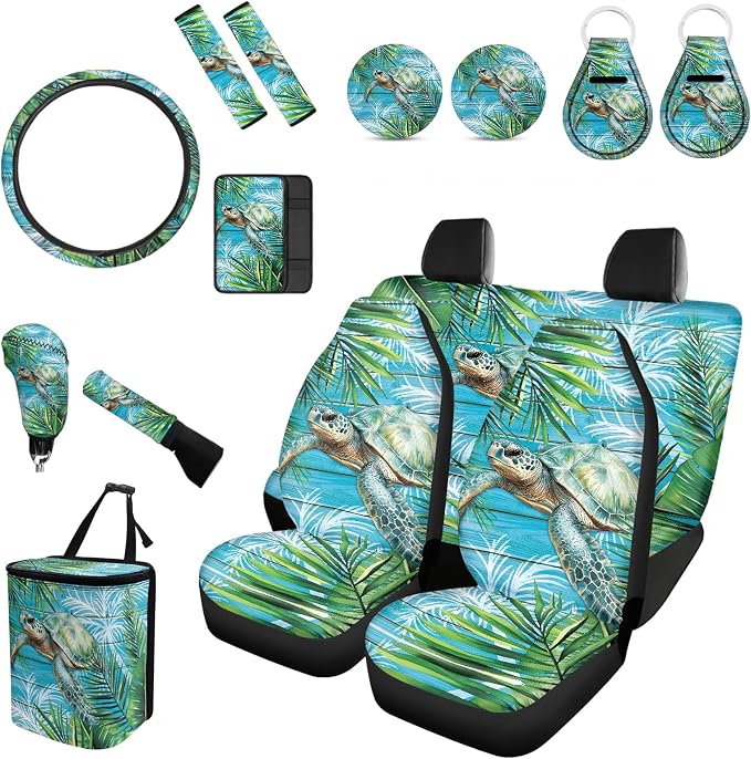 Forchrinse Sea Turtle Print Car Seat Cover Hawaii Palm Front Back Seat Cover with Steering Wheel Cover+Seatbelt Pads+Coaster+Handbrake Gearshift Cover+Auto Trash Can for Most Vehicles,Set of 15