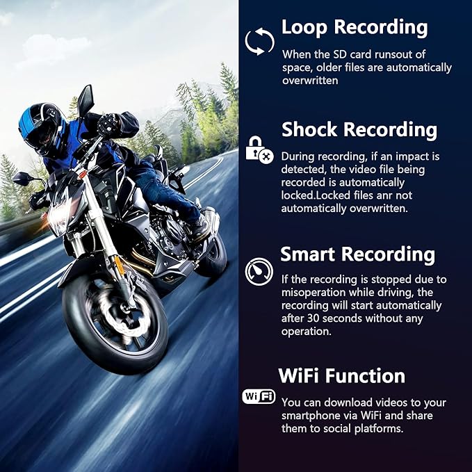 Fydun Motorcycle Dash Cam Front and Rear, 2 Inch 1080P+720P Dual Lens Motorbike DVR, IP67 Bike Camera with Loop Recording, G-Sensor, Parking Mode, Wired Remote Control