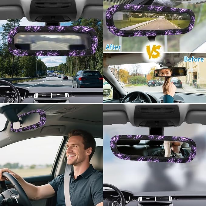 Purple Butterfly Car Seat Covers Full Set for Women Butterflies Car Accessories Set 17 Pieces with Purple Auto Head Rest Covers,Car Trash Can with Lid,Seat Belt Cushion,Universal Fit Most Car