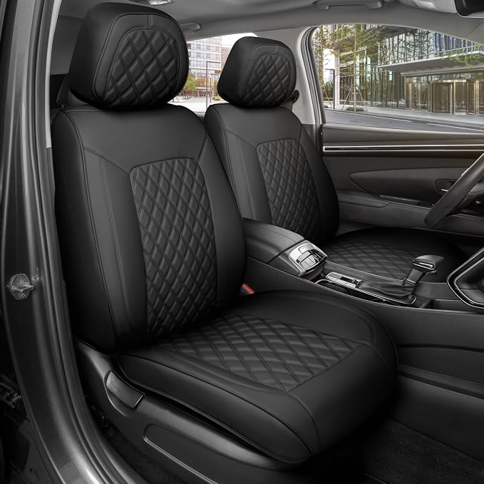 MotorBox Prestige Edition Faux Leather Seat Covers for Cars, Trucks, & SUV - 2 Black Car Seat Covers for Front Seats - Universal Fit Car Accessories Automotive Interior Protector for Most Vehicles