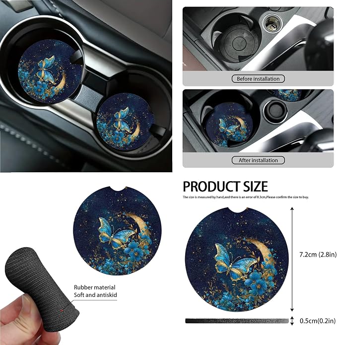 Moon Butterfly Floral Print Car Seat Cover Set Steering Wheel Cover Seatbelt Strap Pad Cup Coasters Air Vent Storage Holder Garbage Cans Rearview Mirror Covers Key Chain, 15 Pack