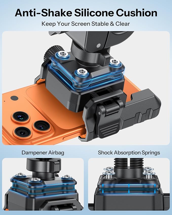 OMOTON BK01 Anti-Vibration Phone Mount, Quick Lock Shockproof Bike & Motorcycle Phone Holder, Fits iPhone & Android for Riders on E-Bike, Stroller, Scooter, Fits Handlebars & Rearview Mirror, Orange