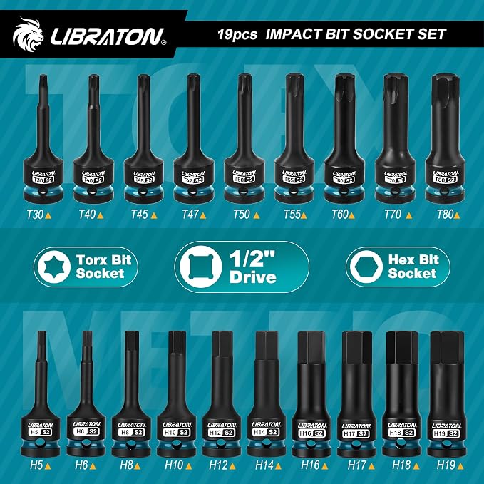 LIBRATON Impact HEX & TORX Bit Socket Set, 1/2" Dr, S2 Steel, 19PCS High Torque Sockets (H5-H19 + T30-T80) for Professional Mechanics & Automotive Repair (XPE Storage Cases)