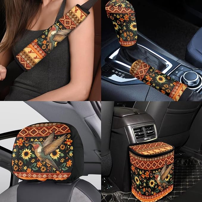 BIGCARJOB Hummingbird Car Seat Accessories Full Set 15 Pcs Art Hummingbird Seat Cover for Cars Front and Rear Handbrake Cover,Headrest Pillow Cover,Seat Belt Pads,Universal Fit