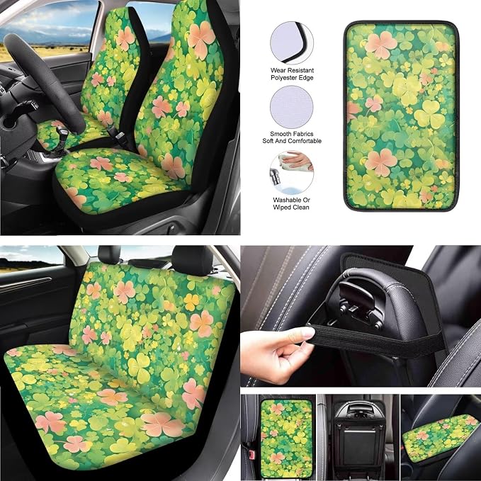 13 Pcs St. Patrick's Clover Car Seat Covers Full Set, Irish Day Clovers Vehicle Headrest Cover Keychain, Automotive Interior Covers for Sedans, Trucks