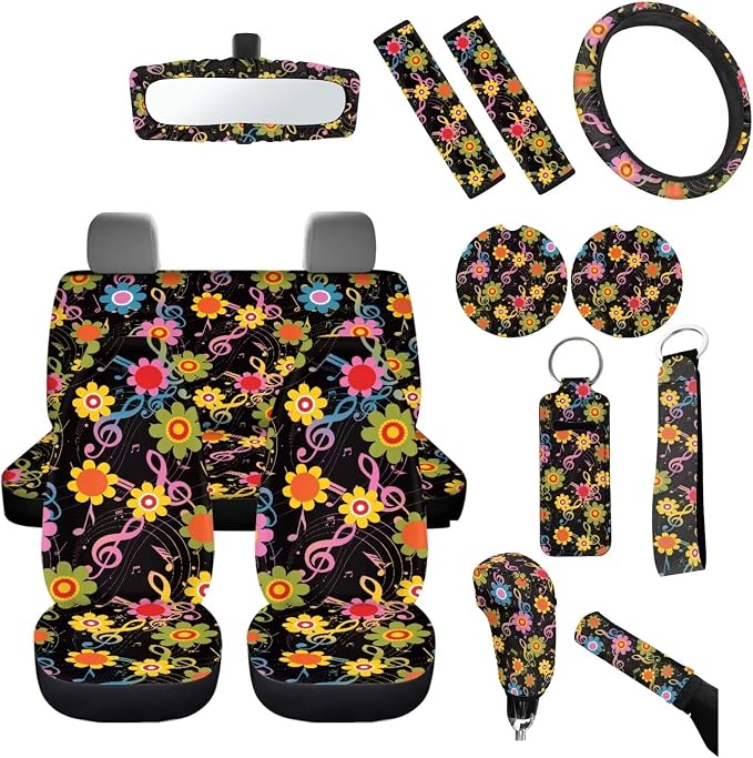 Universal Fit Colorful Flower Musical Note Car Seat Covers Full Sets+Hippie Car Coaster/15In Steering Wheel/Seatbelt/Keychain/Mirror Cover/Gear Shift Knob Handbreak Pad Aesthetic Car Accessory
