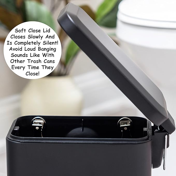 Homie Soft Close, Slim Trash Can 1.6 Gallon with Anti - Bag Slip Liner and Lid, Use as Mini Garbage Basket, Slim Dust Bin, or Decor in Bathroom, Restroom, Kitchen, or Bedroom (Matte Black)